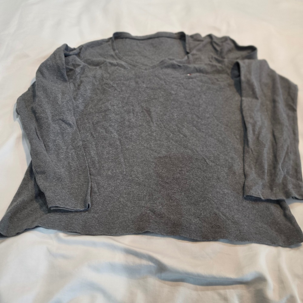 Tommy Hilfiger Long Sleeve V-Neck Women Large Grey Excellent Embroidered Logo